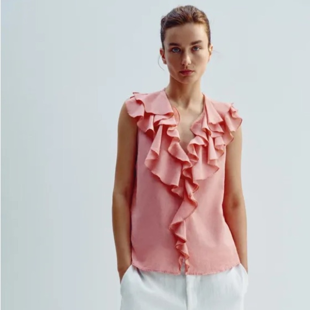 ZARA COTTON LINEN SLEEVELESS WHIMSICAL RUFFLE BLOUSE TOP S